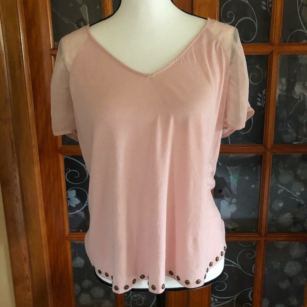 Sheer sleeved petite tee with decorative studs